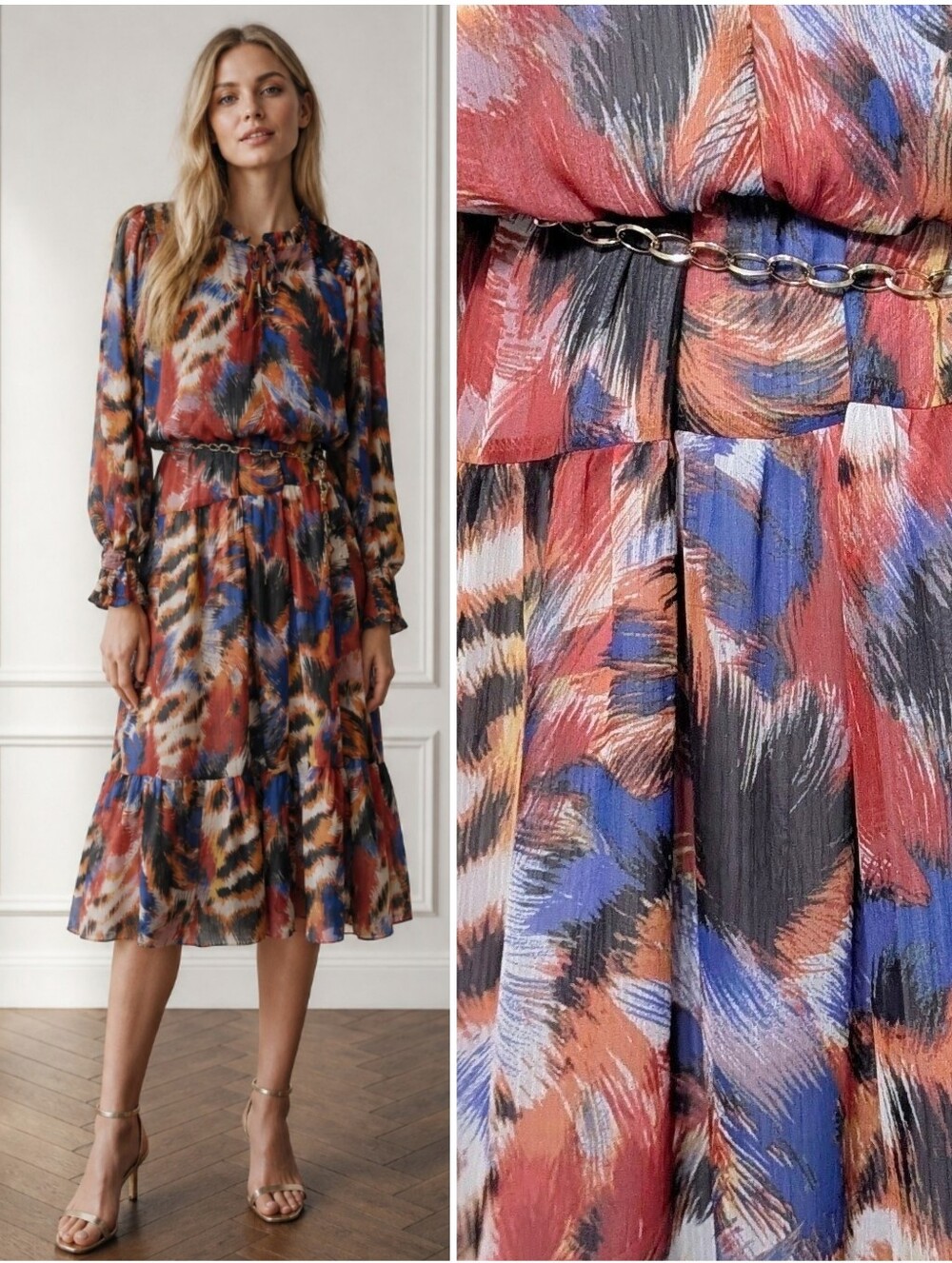 Willa Story Chiffon Smocked Blouson Maxi Dress Long Sleeve Abstract Print M
